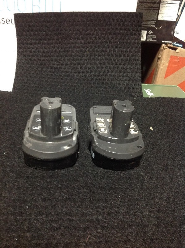 lot 111 image: Lot of 2 Ryobi P102 Genuine OEM 18V One Lithium Ion Compact Battery for Ryobi Cordless Power Tools in working conditions