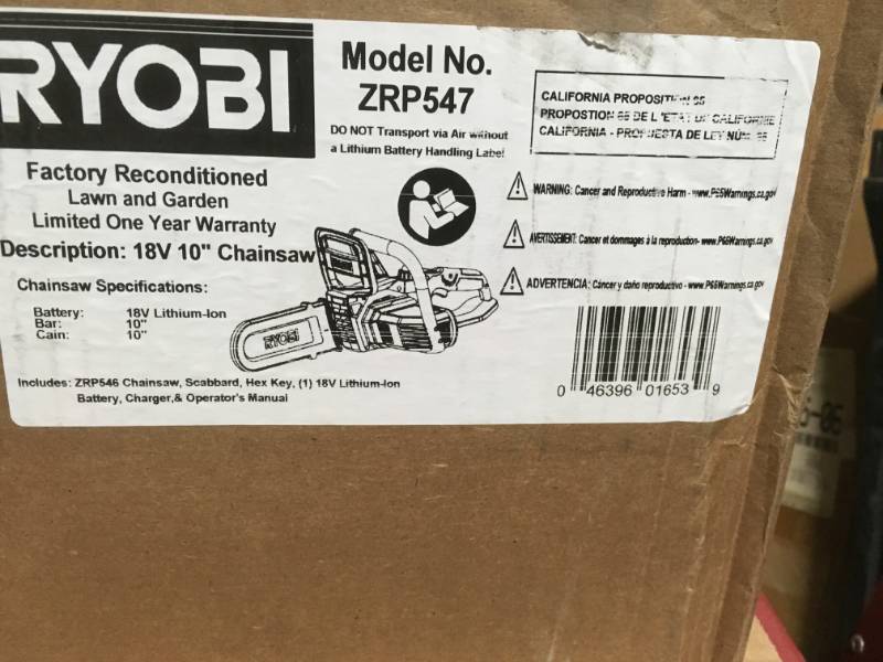 lot 1 image: RYOBI Reconditioned ONE Lithium 10 in. 18-Volt Lithium-Ion Cordless Chainsaw - 1.5 Ah Battery and Charger Included in like new condition