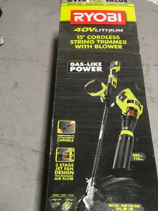 lot 6 image: RYOBI 40-Volt Cordless Lithium-Ion String Trimmer and Jet Fan Blower Combo Kit (2-Tool) in like new condition