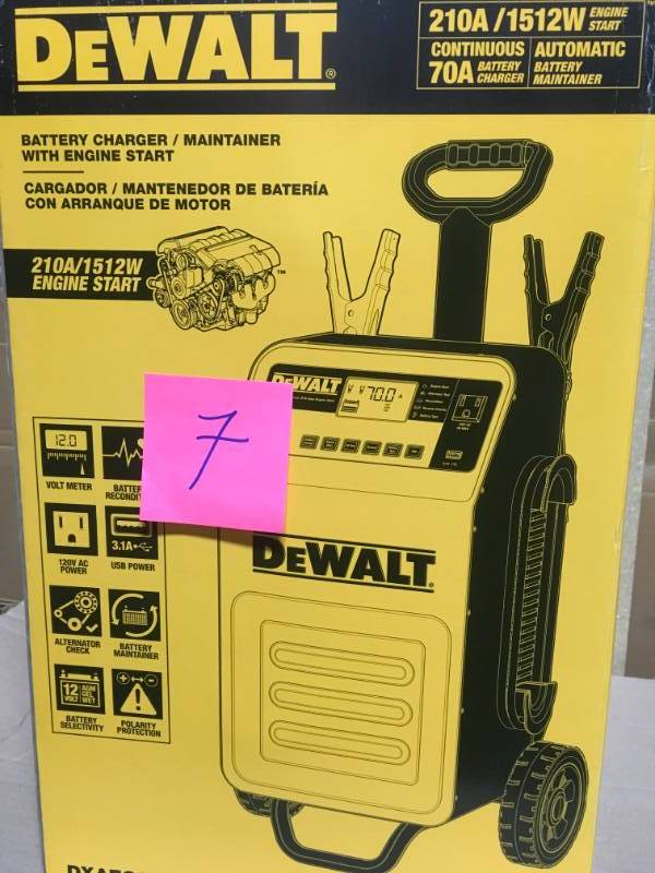 lot 7 image: DEWALT 70 Amp Wheel Charger with 200 Amp Engine Start in like new condition