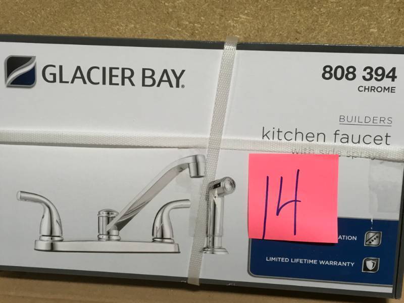 lot 14 image: Glacier Bay Builders 2-Handle Standard Kitchen Faucet with Side Sprayer and Deck Plate in Chrome in like new condition