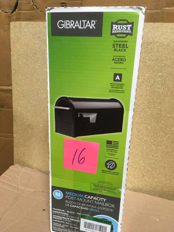 lot 16 image: Gibraltar Mailboxes Franklin Medium Galvanized Steel Post-Mount Mailbox in Black in like new condition