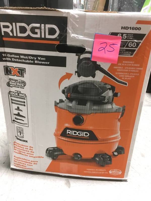 lot 25 image: RIDGID 16 Gal. 6.5 HP NXT Wet Dry Vac with Detachable Blower in good working condition