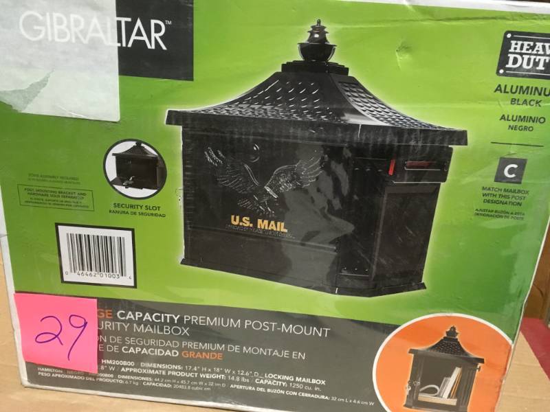 lot 29 image: Gibraltar Mailboxes Hamilton Black Locking Aluminum Large Post-Mount Mailbox in like new condition