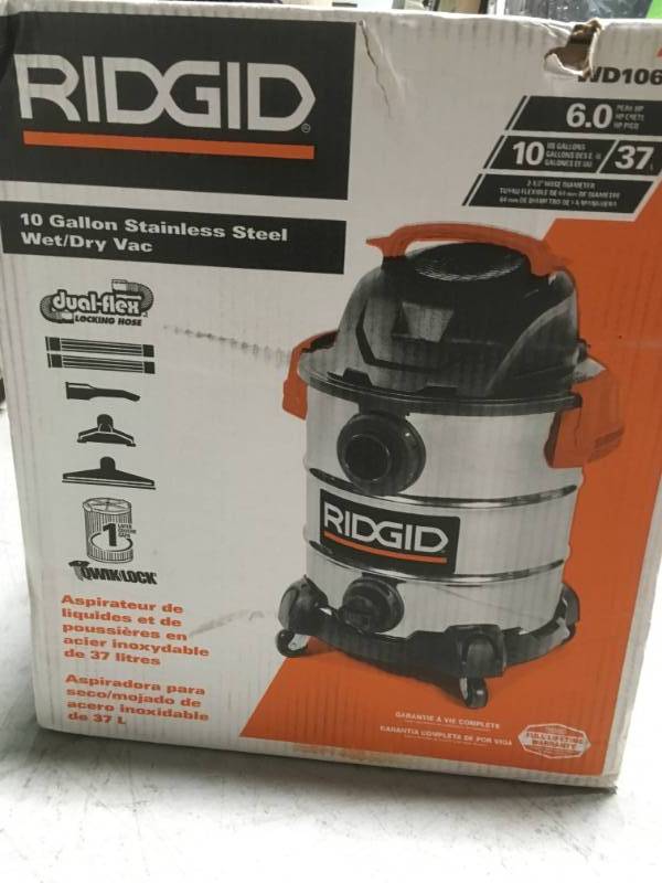 lot 30 image: RIDGID 10 Gal. 6.0 Peak HP Stainless Wet Dry Vac in working condition