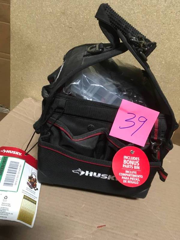lot 39 image: Husky 10 in. Electrician Tool Bag with Driver Wall in like new condition