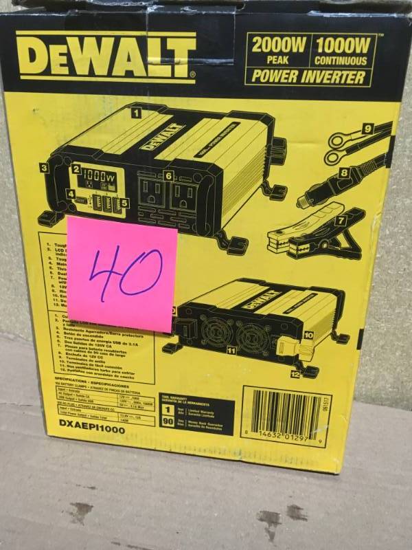 lot 40 image: DEWALT 1000-Watt Power Inverter in like new condition