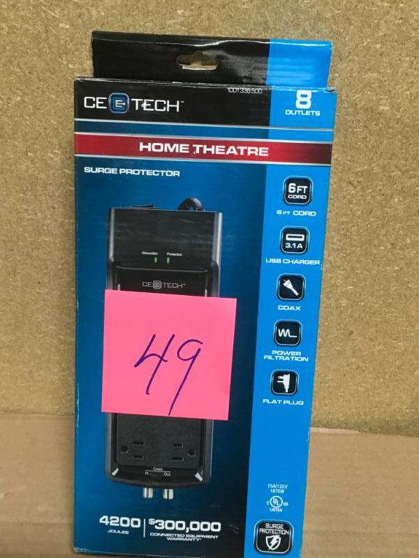 lot 49 image: CE TECH 6 ft. 8-Outlet USB Coax Surge Protector in like new condition