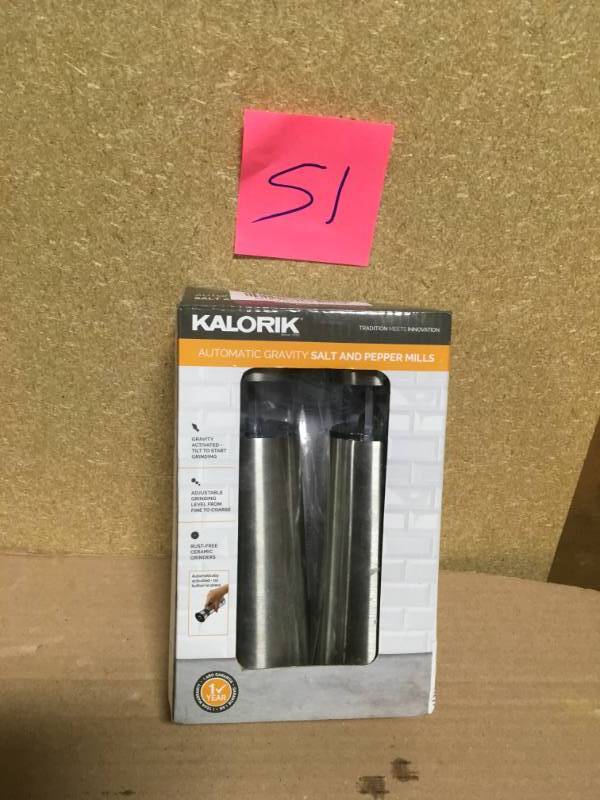 lot 51 image: KALORIK Easygrind Electric Gravity Salt and Pepper Grinder Set in Stainless Steel in like new condition