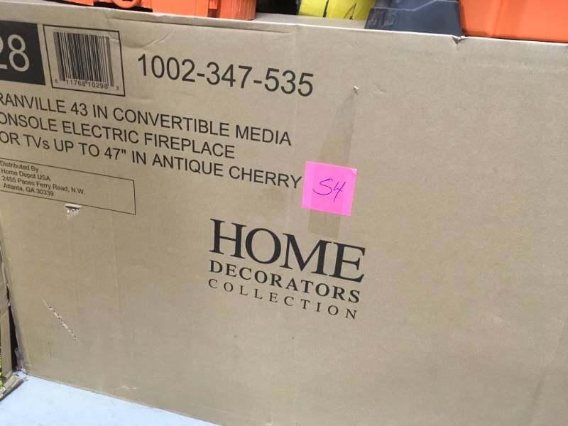 lot 54 image: Home Decorators Collection Granville 43 in. Convertible Mantel Electric Fireplace in Antique Cherry with Faux Stone Surround in like new condition