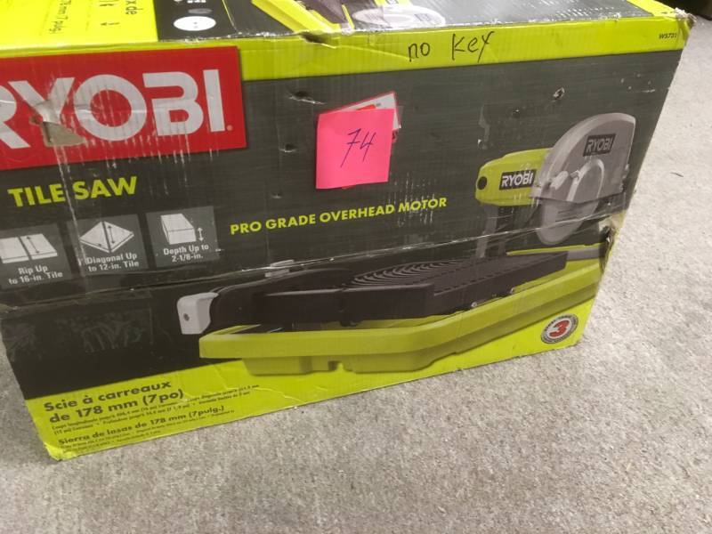 lot 74 image: RYOBI 7 in. 1-34 HP Overhead Wet Tile Saw with Stand NO KEY in good condition