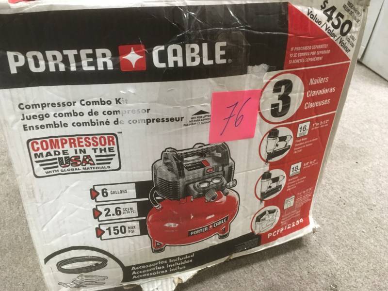 lot 76 image: Porter-Cable 6 Gal. 150 PSI Portable Electric Air Compressor, 16-Gauge Nailer, 18-Gauge Nailer and 38 in. Stapler Combo Kit (3-Tool) in very good condition