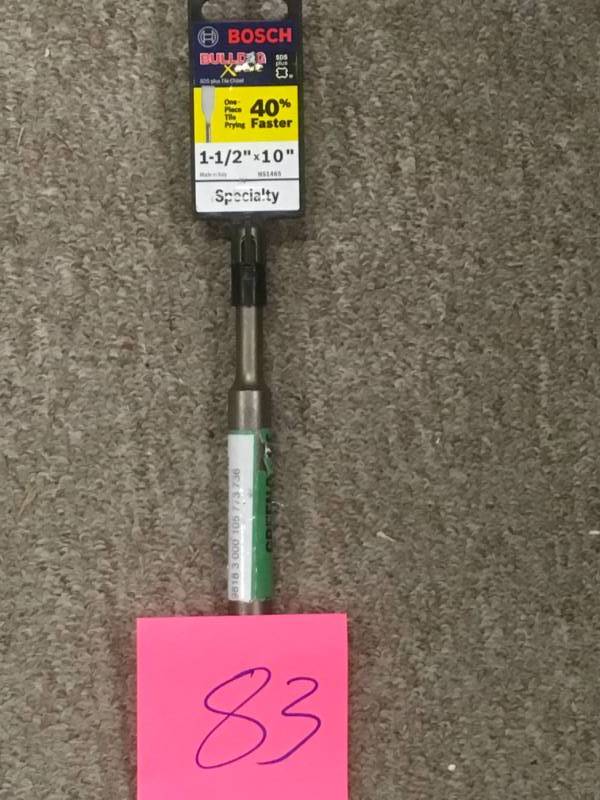 lot 83 image: Bosch Bulldog Xtreme 1-12 in. x 10 in. SDS-Plus Hammer Steel Self-Sharpening Tile Chisel in like new condition