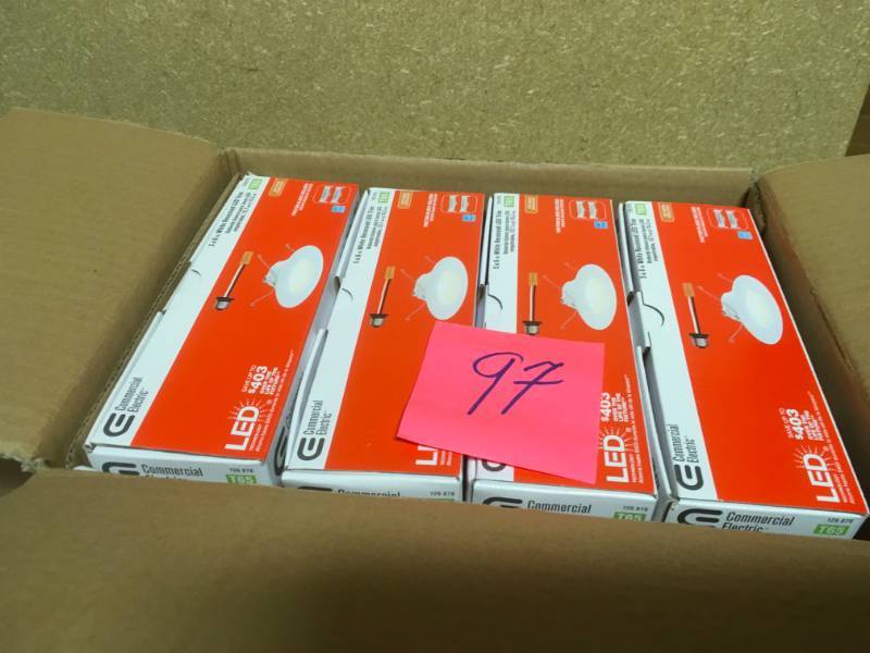 lot 97 image: Commercial Electric 5 in. and 6 in. White Integrated LED Recessed Trim QTY 4 in like new condition