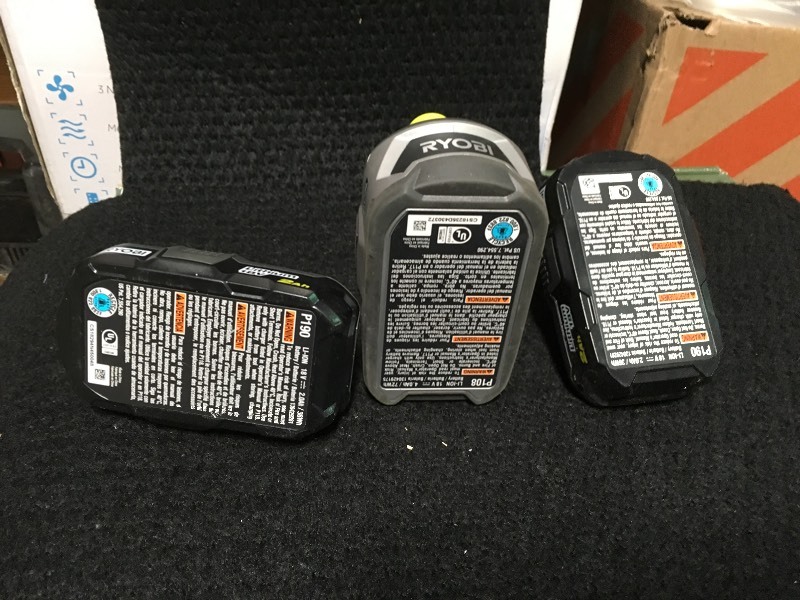 lot 108 image: Set of 1 RYOBI 18-Volt ONE Lithium-Ion 4.0 Ah LITHIUM High Capacity Battery and 2 RYOBI 18-Volt ONE 2.0 Ah Lithium-Ion Compact Battery in working conditions