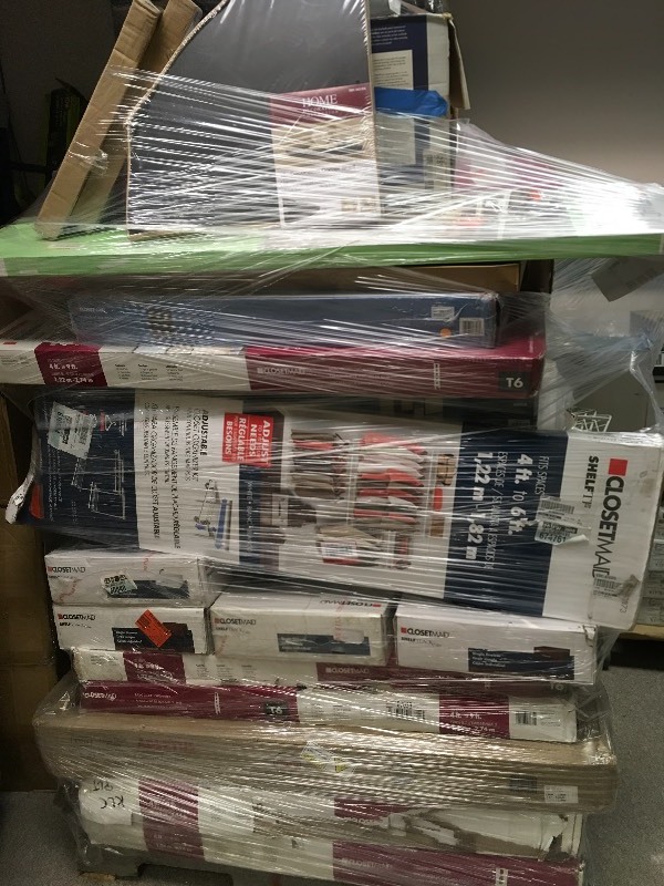 lot 112 image: Pallet of closetmaid shelfs, cabinets and more costumer returns New, Used complete and missing units