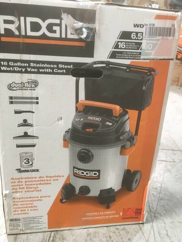 lot 4 image: RIDGID 16 Gal. 6.5-Peak HP Stainless Steel Wet Dry Vac not used