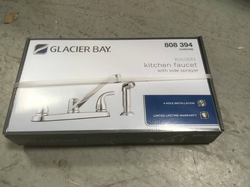 lot 7 image: Glacier Bay Builders 2-Handle Standard Kitchen Faucet with Side Sprayer and Deck Plate in Chrome in like new condition