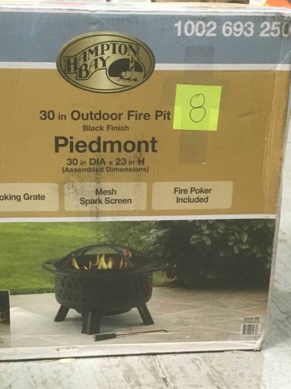 lot 8 image: Hampton Bay Piedmont 30 in. Steel Fire Pit in Black with Poker in like new condition