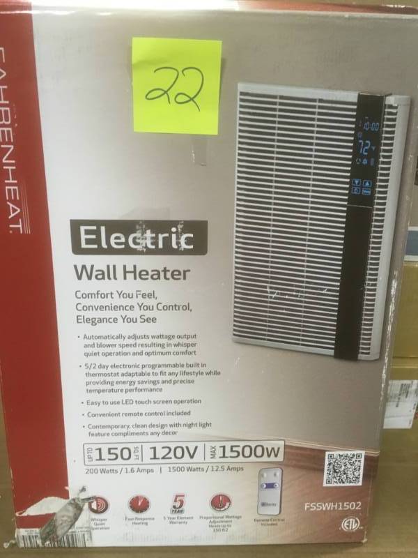lot 22 image: Fahrenheat Smart Series 13-34 in. x 19-12 in. 1,500-Watt Wall Heater in like new condition