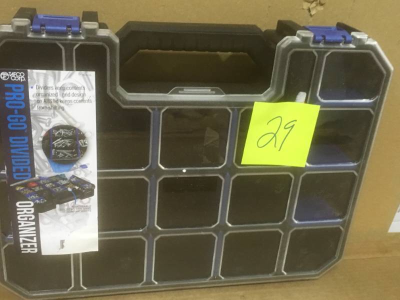 lot 29 image: TAFCO Products 17-Compartment Wall Mount Pro-Go Divided Small Parts Organizer, Blue  in like new condition