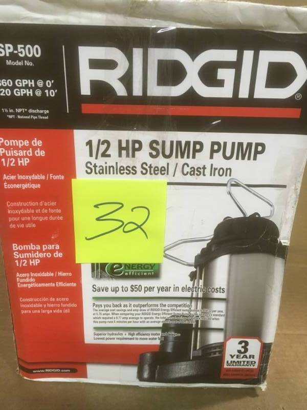 lot 32 image: Ridgid 1  2 HP Stainless Steel  Cast Iron Submersible Sump Pump With Vertical Float Switch 57661-RHD1 in good condition