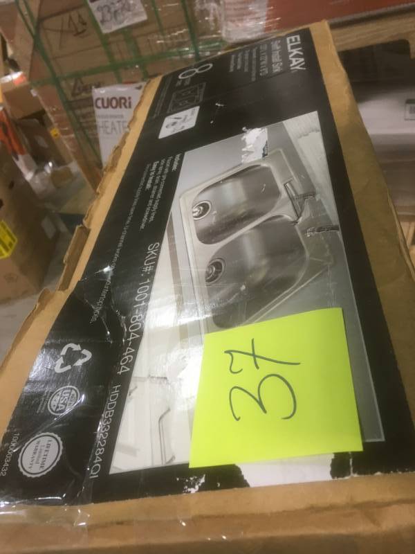 lot 37 image: Elkay Swift Install All-in-One Drop-In Stainless Steel 33 in. 4-Hole Double Bowl Kitchen Sink Kit  in like new condition