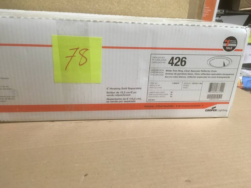 lot 78 image: Halo 426 Series 6 in. White Recessed Ceiling Light with Specular Reflector Cone Trim  in like new condition