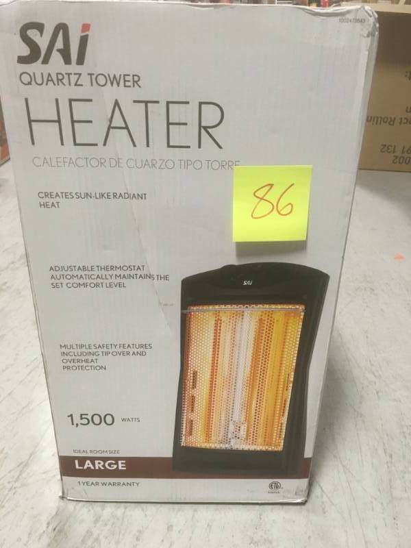lot 86 image: SAI 1500-Watt Quartz Tower Heater, Black  in like new condition