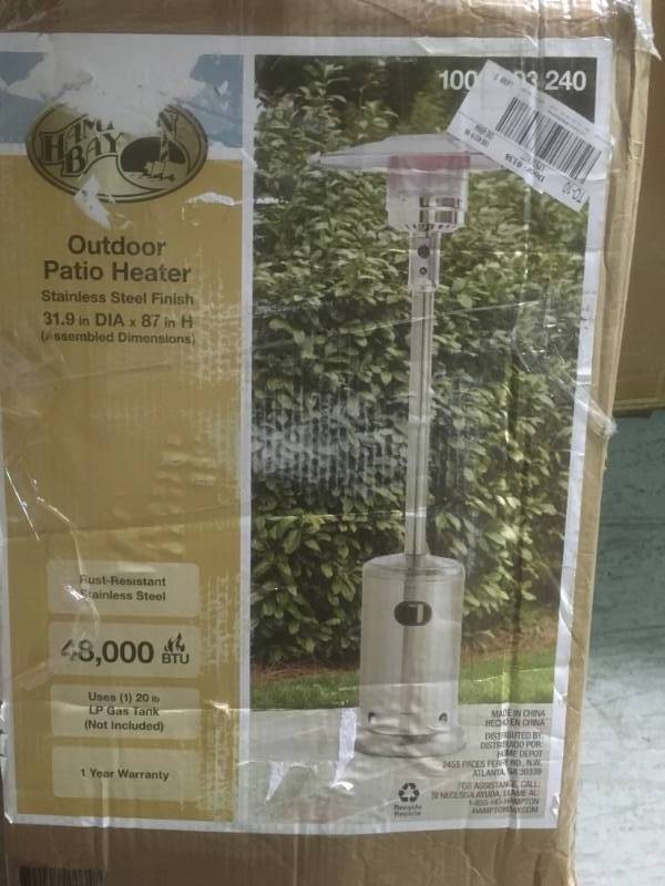 lot 90 image: Hampton Bay 48000 BTU Stainless Steel Patio Heater in good condition