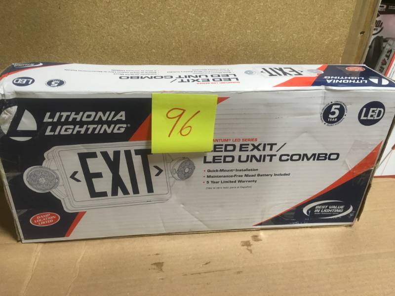 lot 96 image: Lithonia Lighting 2-Light Plastic LED White Exit SignEmergency Combo with LED Heads and Red Stencil  in like new condition