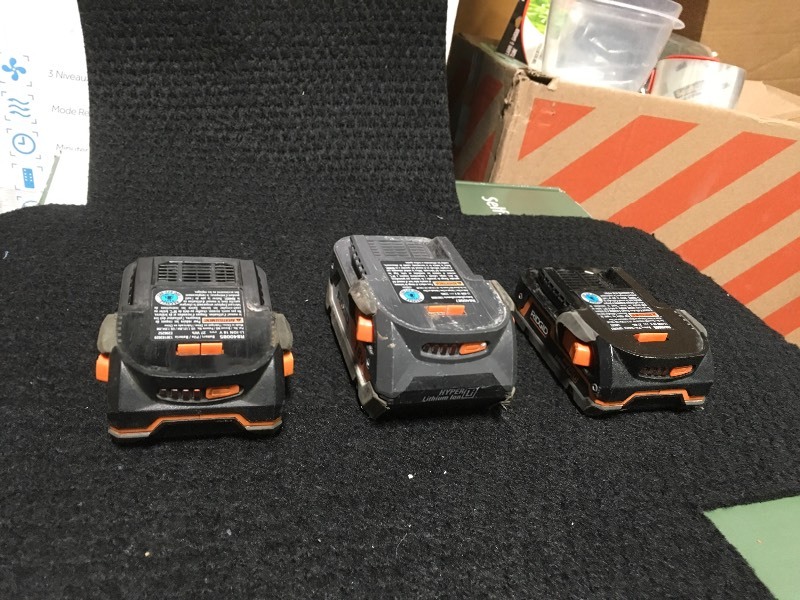 lot 120 image: Lot of 1 RIDGID R840083 18V High Capacity Hyper Li-Ion Battery and 2 Ridgid R840085 18V 18 Volt 1.5Ah Hyper Lithium Ion Battery Li-ion in working conditions