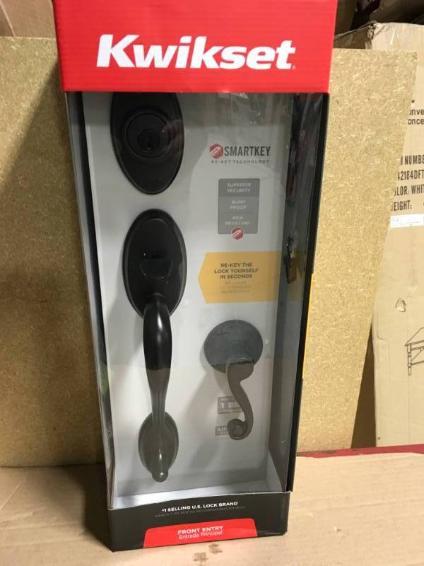 lot 5 image: Kwikset Shelburne Venetian Bronze Single Cylinder Door Handleset with Lido Lever Featuring SmartKey Security in like new condition