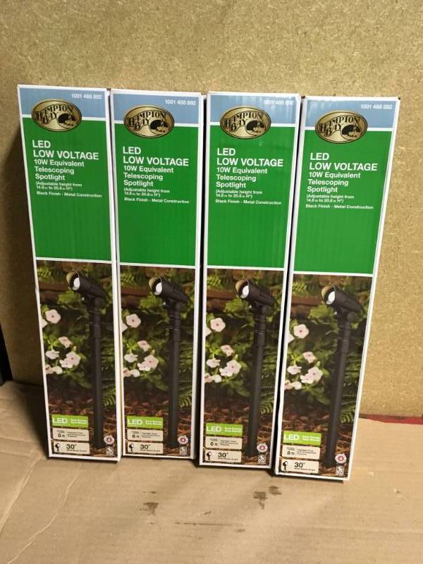 lot 6 image: Hampton Bay Low-Voltage 10-Watt Equivalent Black Outdoor Integrated LED Landscape Telescoping Spot Light QTY 4  in like new condition