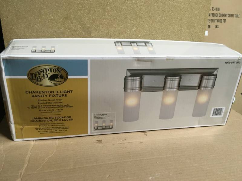lot 13 image: 3-Light Brushed Nickel Wall Vanity Fixture  in like new condition