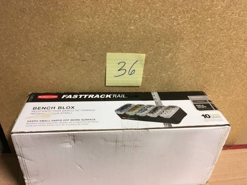 lot 36 image: Rubbermaid FastTrack Garage Bench Blox Storage Kit (5-Pack)  in like new condition