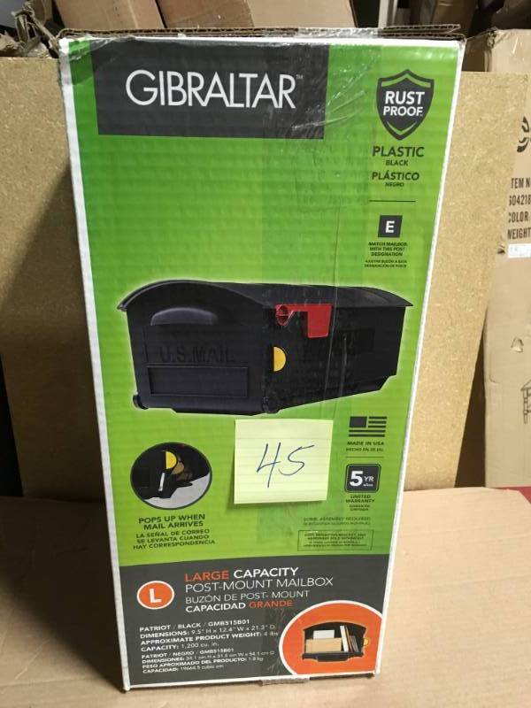 lot 45 image: Gibraltar Mailboxes Patriot Large Plastic Post-Mount Mailbox, Black  in like new condition