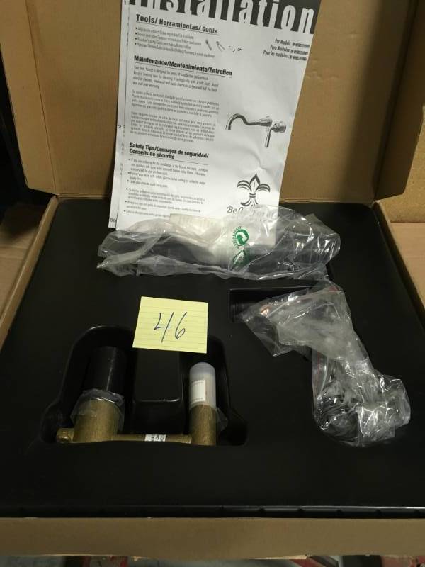 lot 46 image: Belle Foret Artistry Wall Mount 1-Handle Bathroom Faucet in Oil Rubbed Bronze  in like new condition