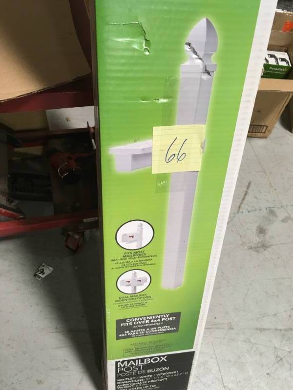 lot 66 image: Gibraltar Mailboxes Whitley Plastic Post Mailbox, White  in like new condition
