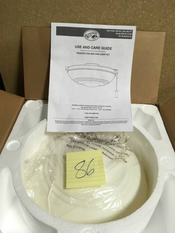 lot 86 image: Hampton Bay Universal Ceiling Fan LED Light Kit Matte White Finish  in like new condition