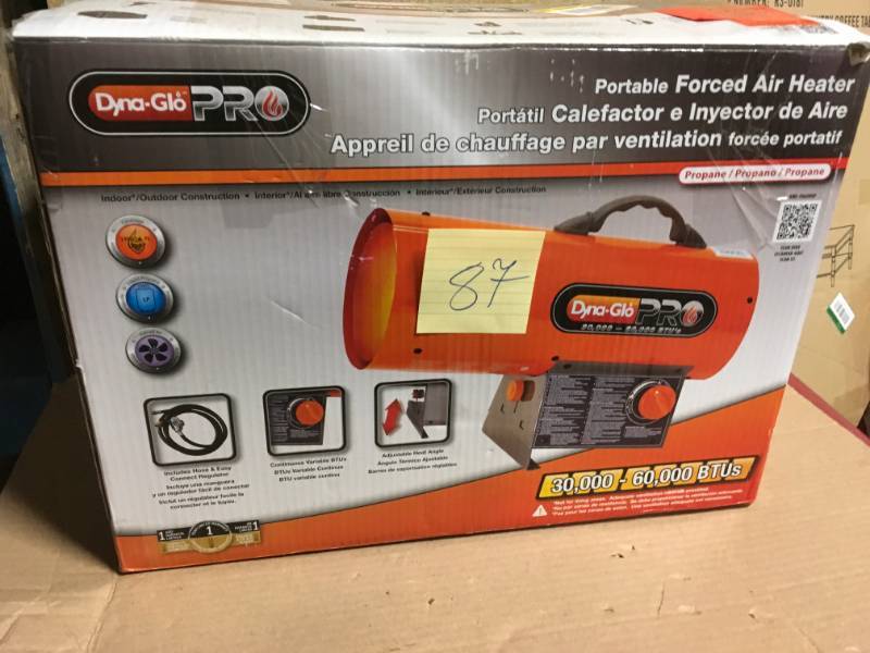lot 87 image: Dyna-Glo Pro Heaters 60,000 BTU Forced Air Propane Portable Heater Oranges  Pea  in like new condition