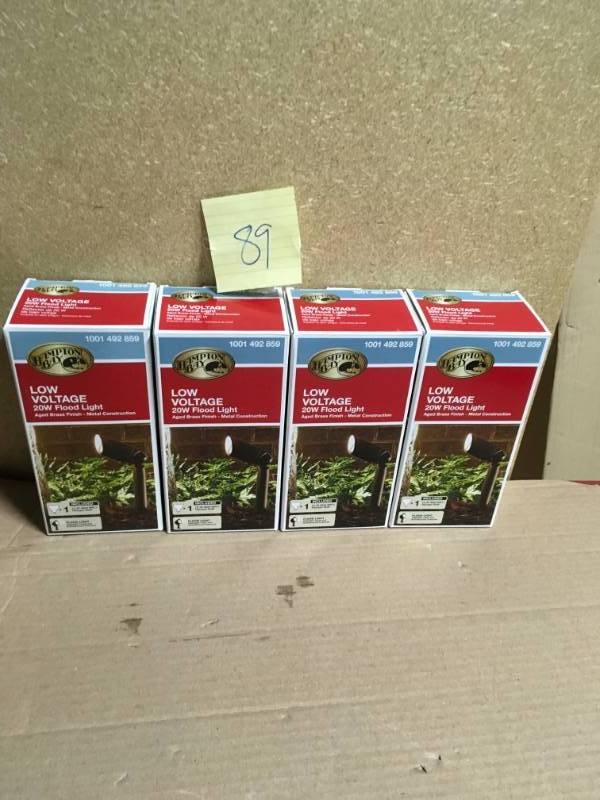 lot 89 image: Hampton Bay Low-Voltage 20-Watt Aged Brass Outdoor Halogen Landscape Flood Light QTY 4  in like new condition