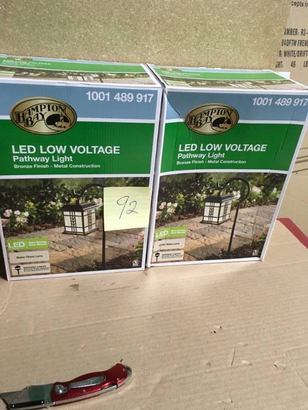 lot 92 image: Hampton Bay Low-Voltage Bronze Outdoor Integrated LED Landscape Mission Style Shepherd Hook Path Light with Water Glass Lens QTY 2  in like new condition
