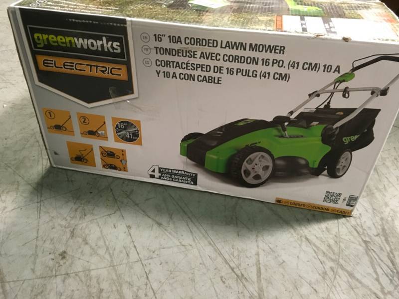 lot 98 image: Greenworks 16 in. 10 Amp Corded Electric Walk Behind Push Mower  in like new condition