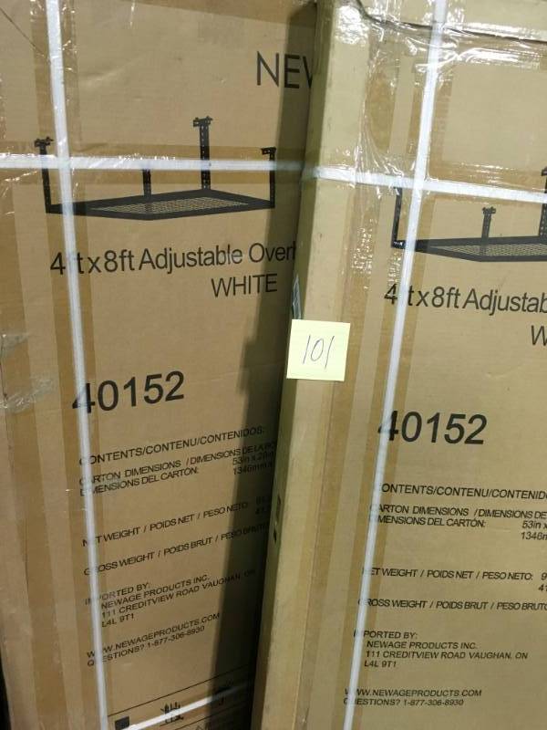 lot 101 image: NewAge Products Performance 96 in. L x 48 in. W x 42 in. H Adjustable VersaRac Ceiling Storage Rack in White QTY  not used