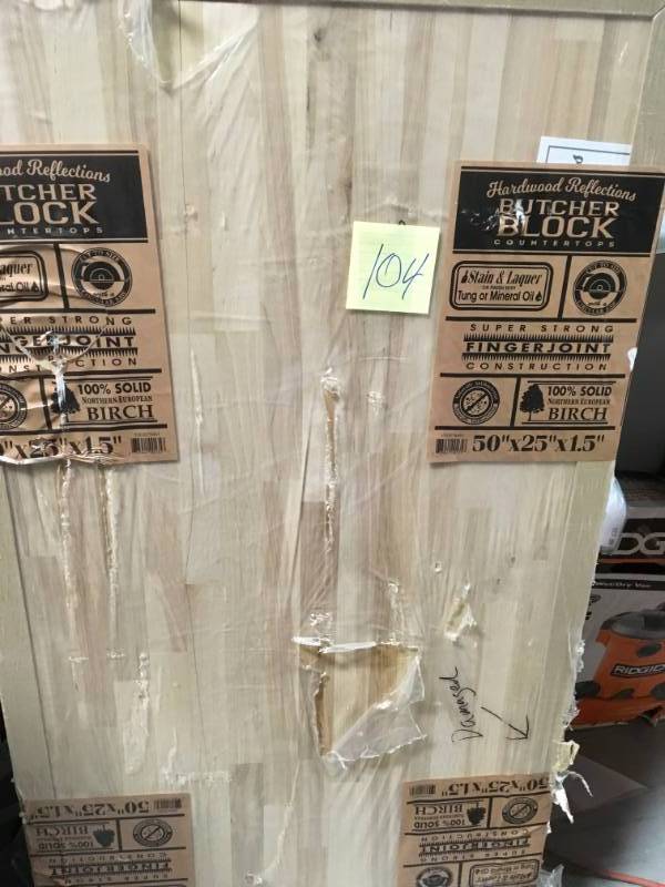 lot 104 image: Hardwood Reflections 4 ft. 2 in. L x 2 ft. 1 in. D x 1.5 in. T Butcher Block Countertop in Unfinished Birch not used