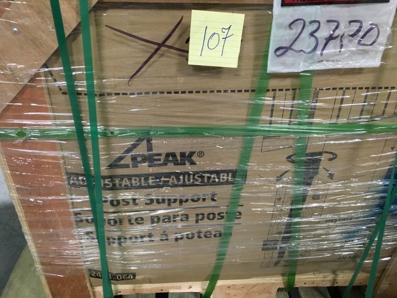 lot 107 image: pallets of 66 Peak Products 4 in. x 4 in Adjustable Ground Spike, 48 Peak Products 4 in. x 4 in. Plastic Post Anchor and Single Wide Picket and Spacer new