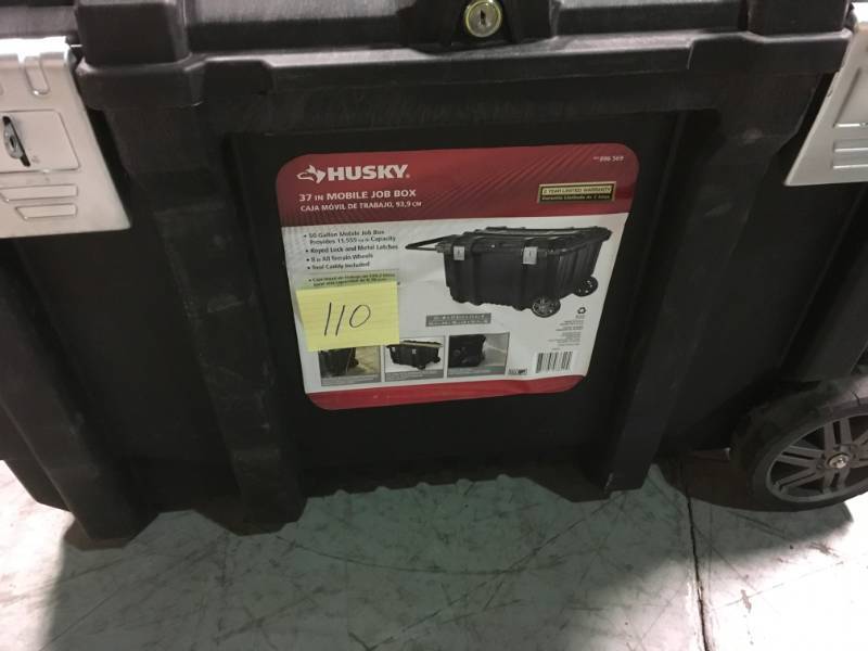 lot 110 image: Husky 37 in. Mobile Job Box Utility Cart Black BROKEN AND NO KEY