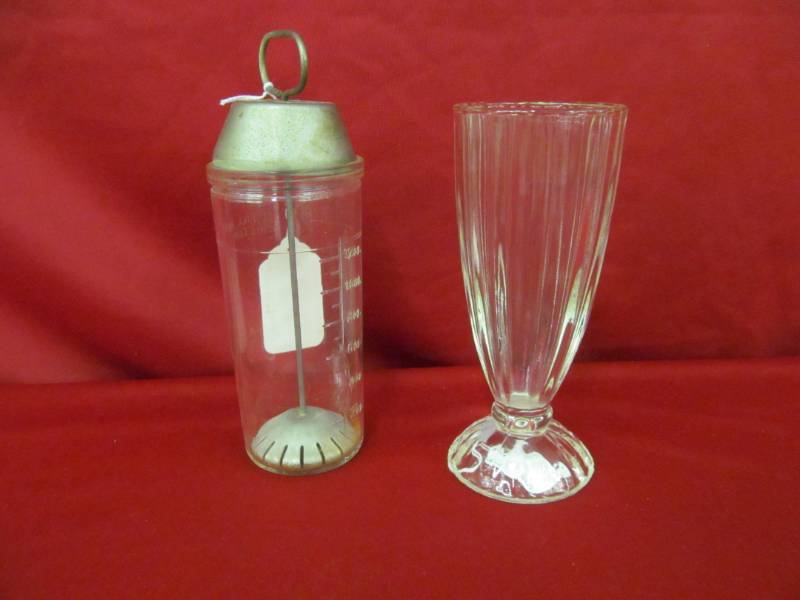 lot 112 image: Anchor Hocking malted milk mixer, milk shake glass