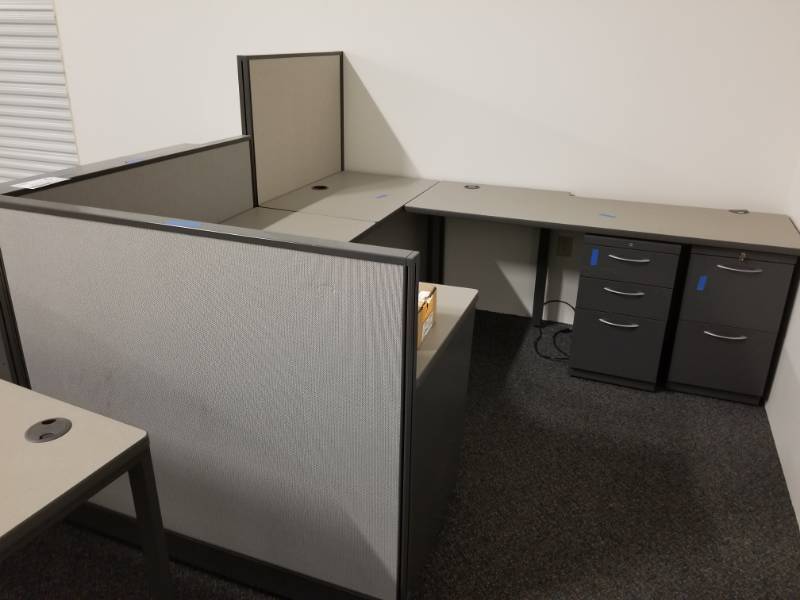 Reverse J-Shaped Short-Cubicle Desk Set with 3-Piece Desk Tops, 2-Locking Metal Rolling Personal File Cabinets